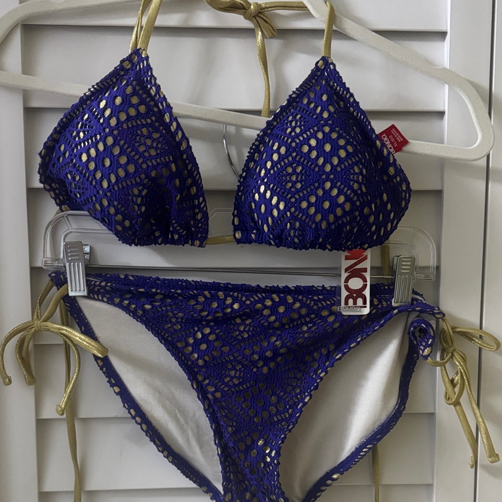 BONGO Bikini Set - Royal Blue Crochet with Gold Ties